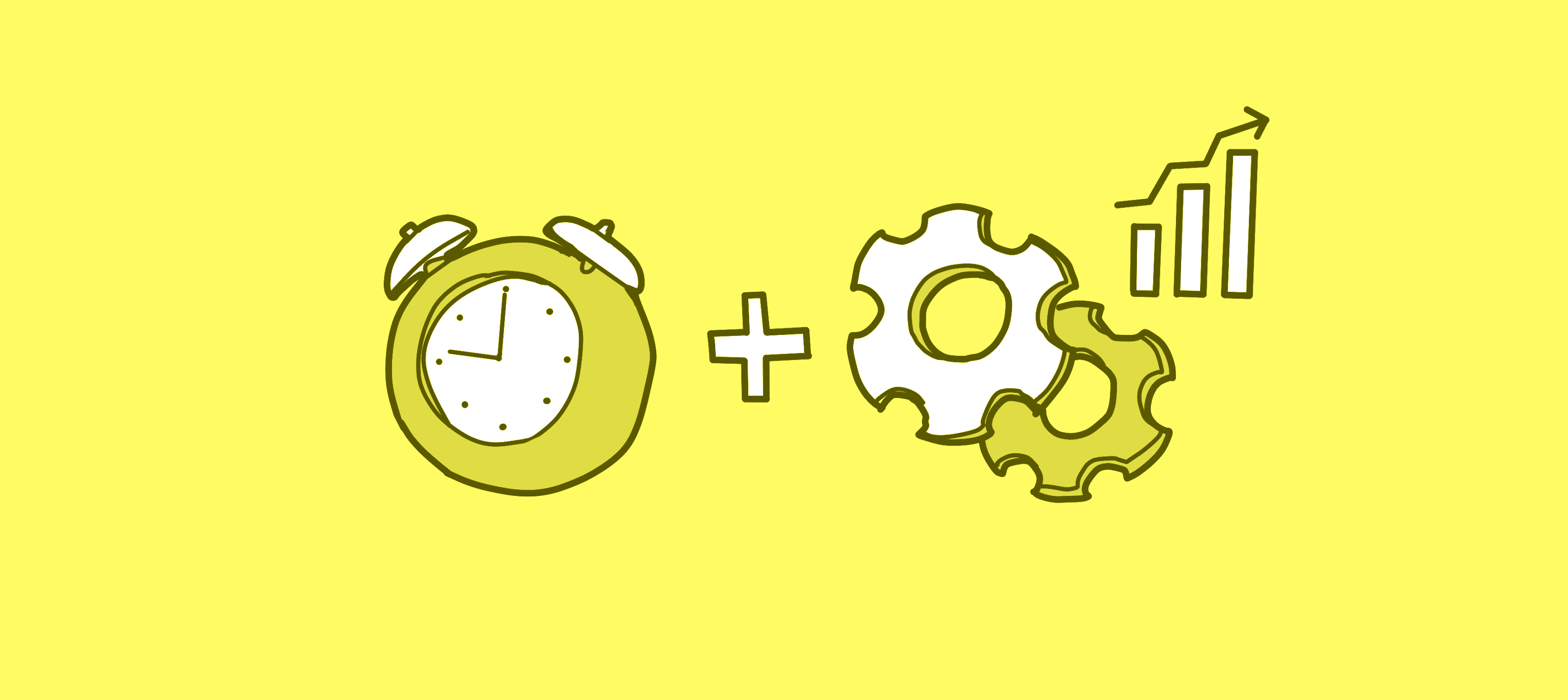 Figura de um relógio, de duas engrenagens sobrepostas e de um gráfico de barras com uma seta indicando a evolução crescente do gráfico, interpostas por um sinal de soma ilustrando a gestão de tempo e produtividade em viagens corporativas.